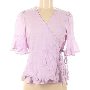 Linen Blend Lilac Purple Wrap Short Sleeve Top